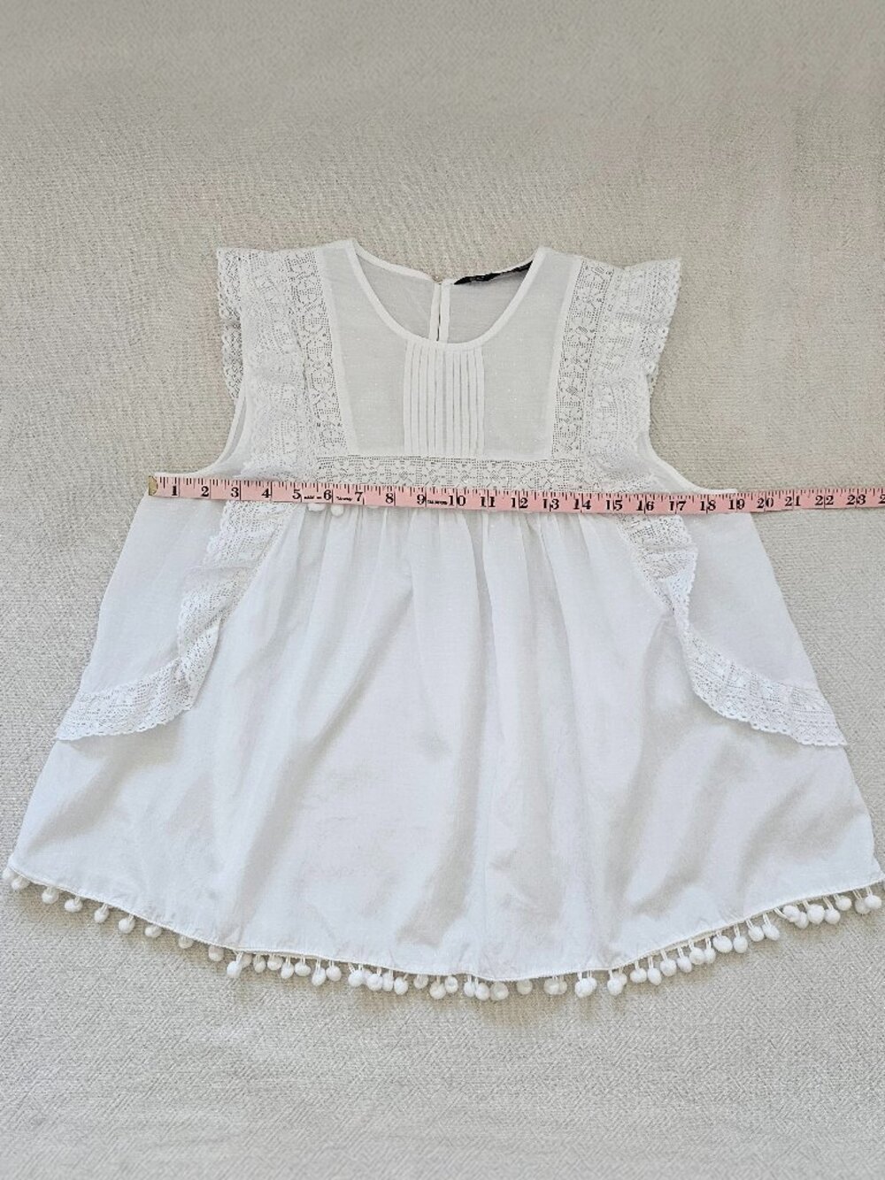 Zara Woman White Lace Ruffle Pom Pom Sleeveless Blouse Medium - Picture 9 of 9